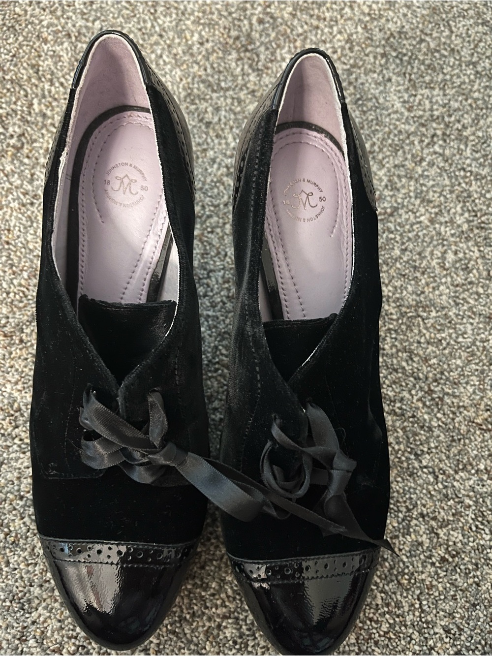 Johnston & Murphy Black Velvet, Satin Ties, High Heel Oxfords